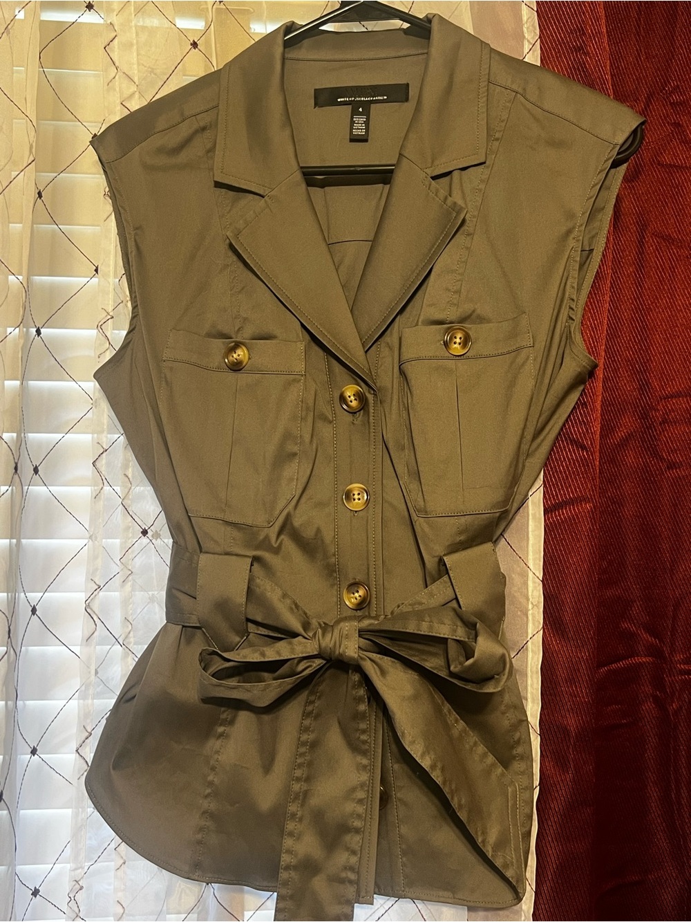 White House Black Market Olive Sleeveless Utility Jacket with Tie Waist